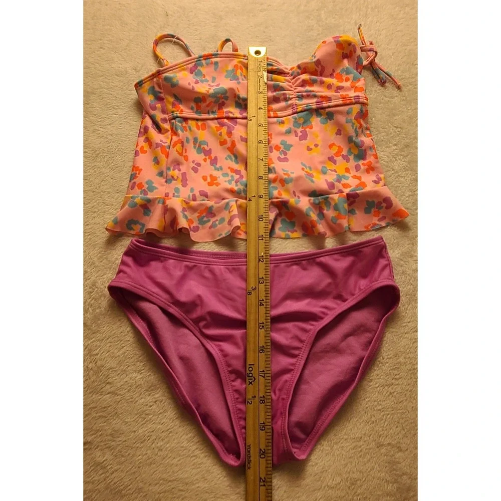 Cat & Jack Girls XL 14 Tankini Swimsuit Pink Abstract Floral Ruffle 2 Piece Set